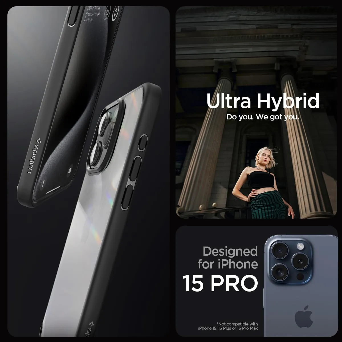 Spigen Ultra Hybrid Designed for iPhone 15 Pro Case (2023) [Anti-Yellowing], [Military-Grade Protection] - Matte Black