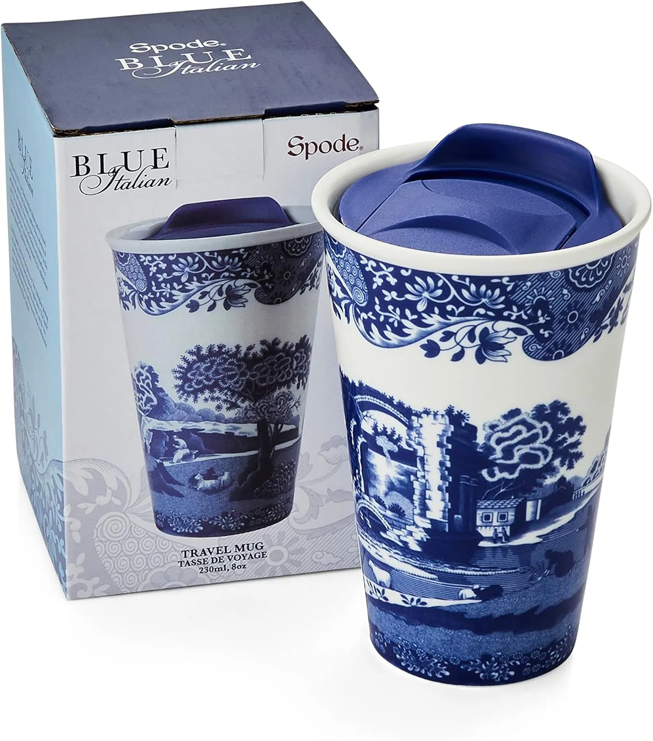 Spode Blue Italian Travel Mug | Made of Porcelain | Travel Tumbler for Coffee and Tea | Hot Water Cup | Dishwasher and Microwave Safe (8 oz)