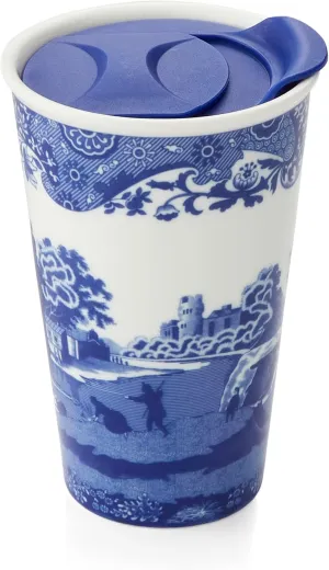 Spode Blue Italian Travel Mug | Made of Porcelain | Travel Tumbler for Coffee and Tea | Hot Water Cup | Dishwasher and Microwave Safe (8 oz)