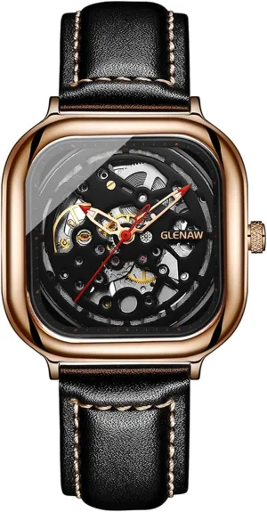 Square Mechanical Retro Watch for Men Skeleton Self-Wind Automatic Watches Vintage Leather Strap Wristwatch