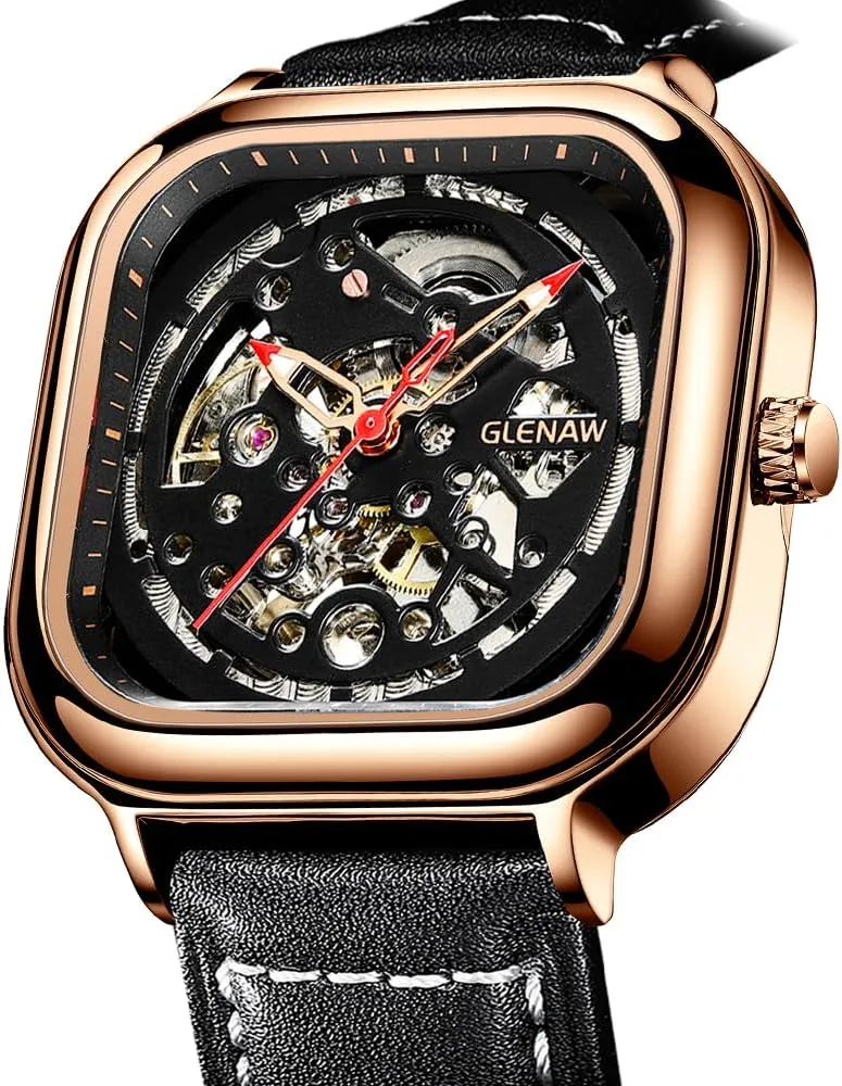 Square Mechanical Retro Watch for Men Skeleton Self-Wind Automatic Watches Vintage Leather Strap Wristwatch