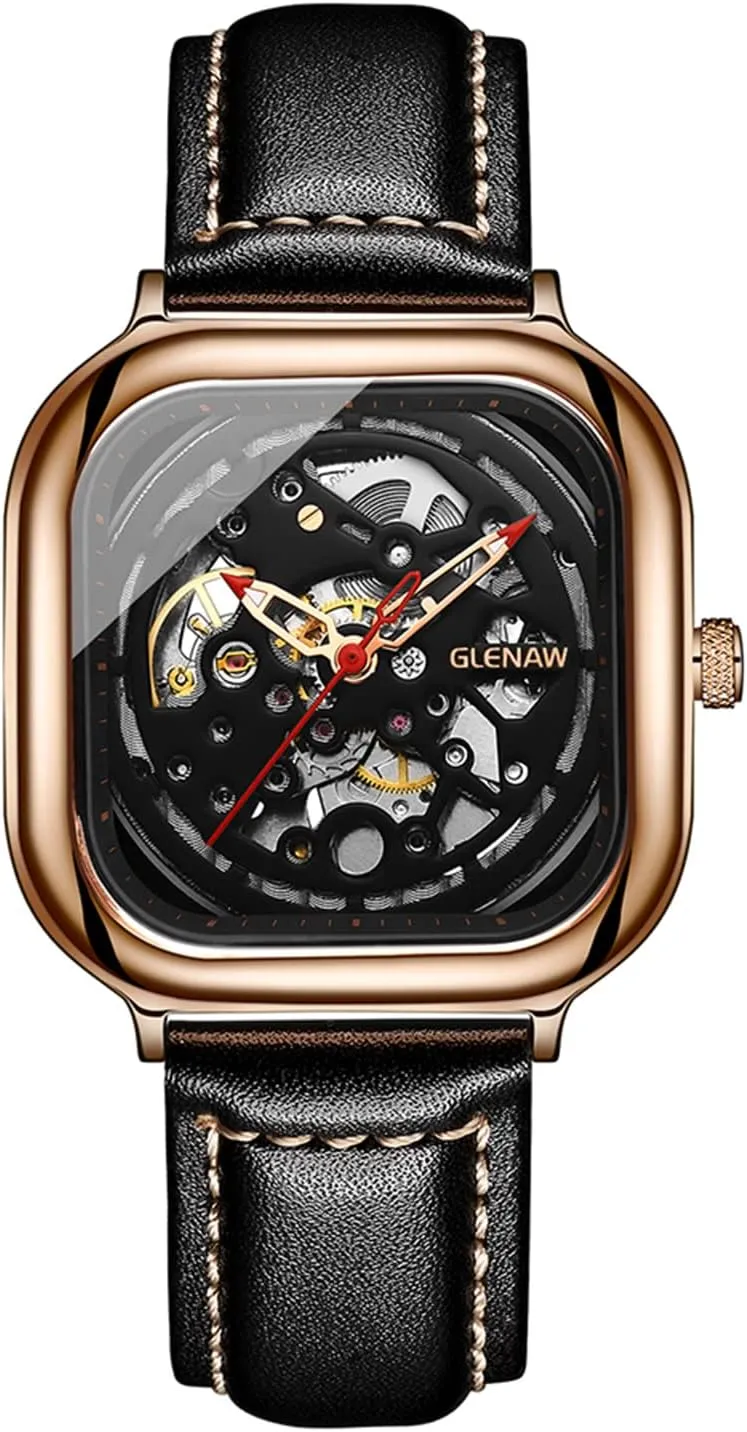 Square Mechanical Retro Watch for Men Skeleton Self-Wind Automatic Watches Vintage Leather Strap Wristwatch
