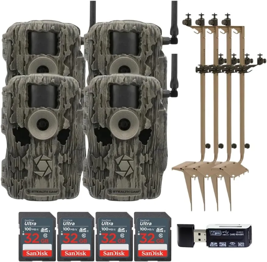 Stealth Cam 36MP Fusion Max Cellular Trail Camera with 80-Feet Detection Range (2-Pack) x 2 Bundle with Mounting Post (4-Pack), 32GB UHS-I Memory Card (4-Pack), and 4-in-1 Card Reader (11 Items)