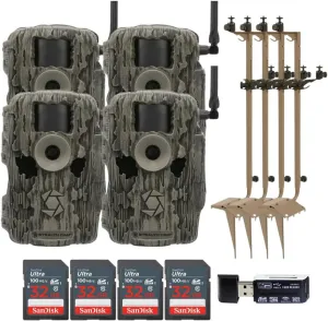 Stealth Cam 36MP Fusion Max Cellular Trail Camera with 80-Feet Detection Range (2-Pack) x 2 Bundle with Mounting Post (4-Pack), 32GB UHS-I Memory Card (4-Pack), and 4-in-1 Card Reader (11 Items)