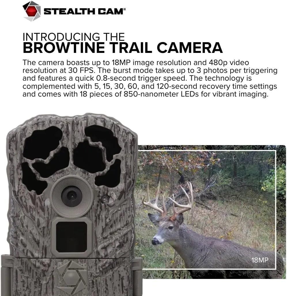 Stealth Cam Browtine 18MP Digital Trail Camera Combo with SD Card and Batteries Bundle with Focus Card Reader (10 Pack)