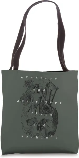 Steampunk Aesthetic Encyclopedia Mechanical Skull and Statue Tote Bag