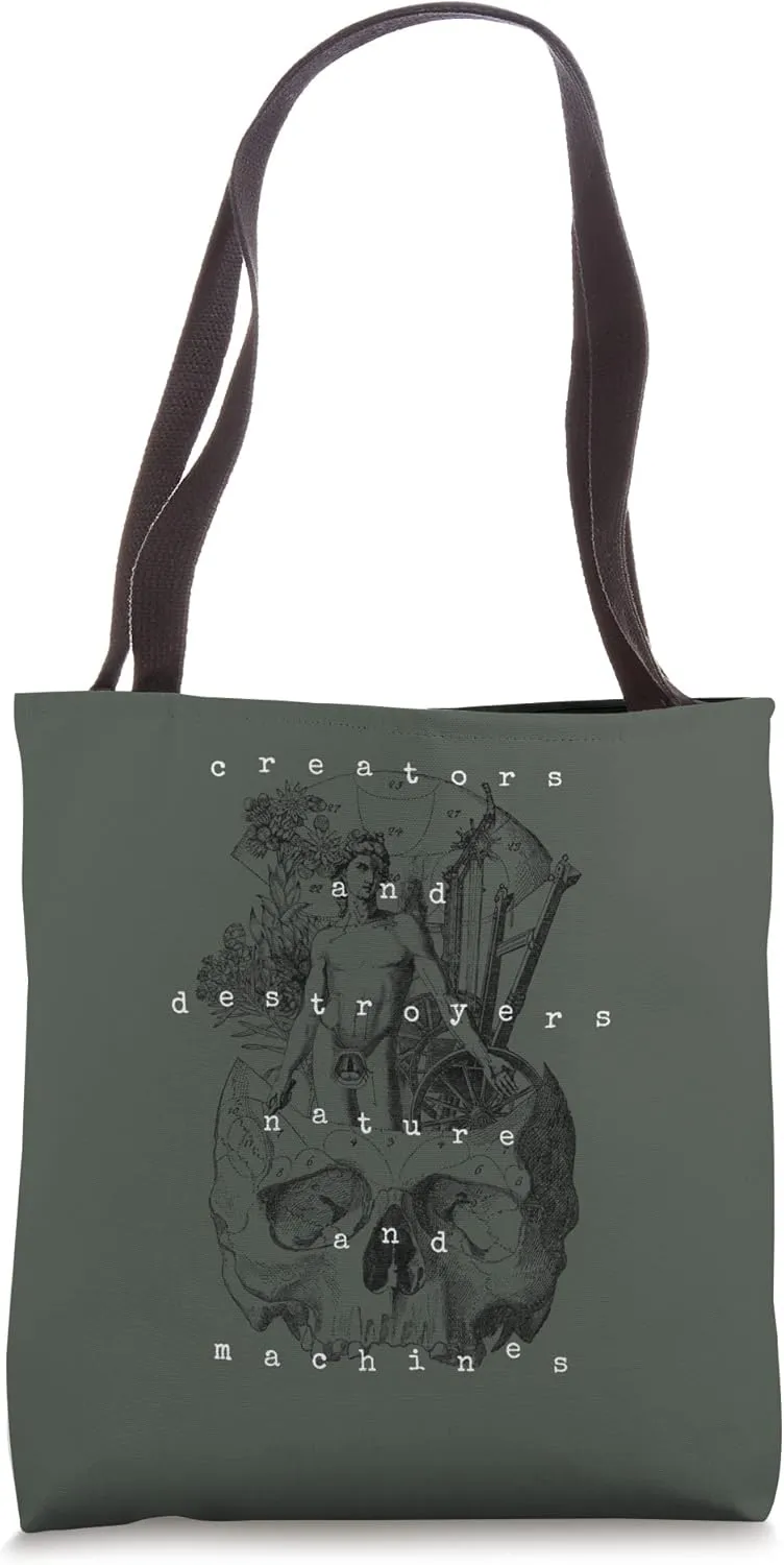 Steampunk Aesthetic Encyclopedia Mechanical Skull and Statue Tote Bag