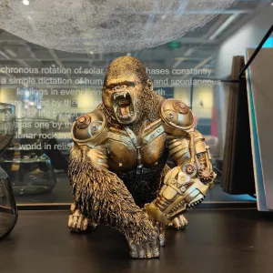 Steampunk Angry Gorilla Statue Fighting King Kong Hand Painted Sculpture Resin Cyborg Sci-fi Collectible Figurine with Cool Gear for Home Table Book Shelf Man Cave Decor Gold