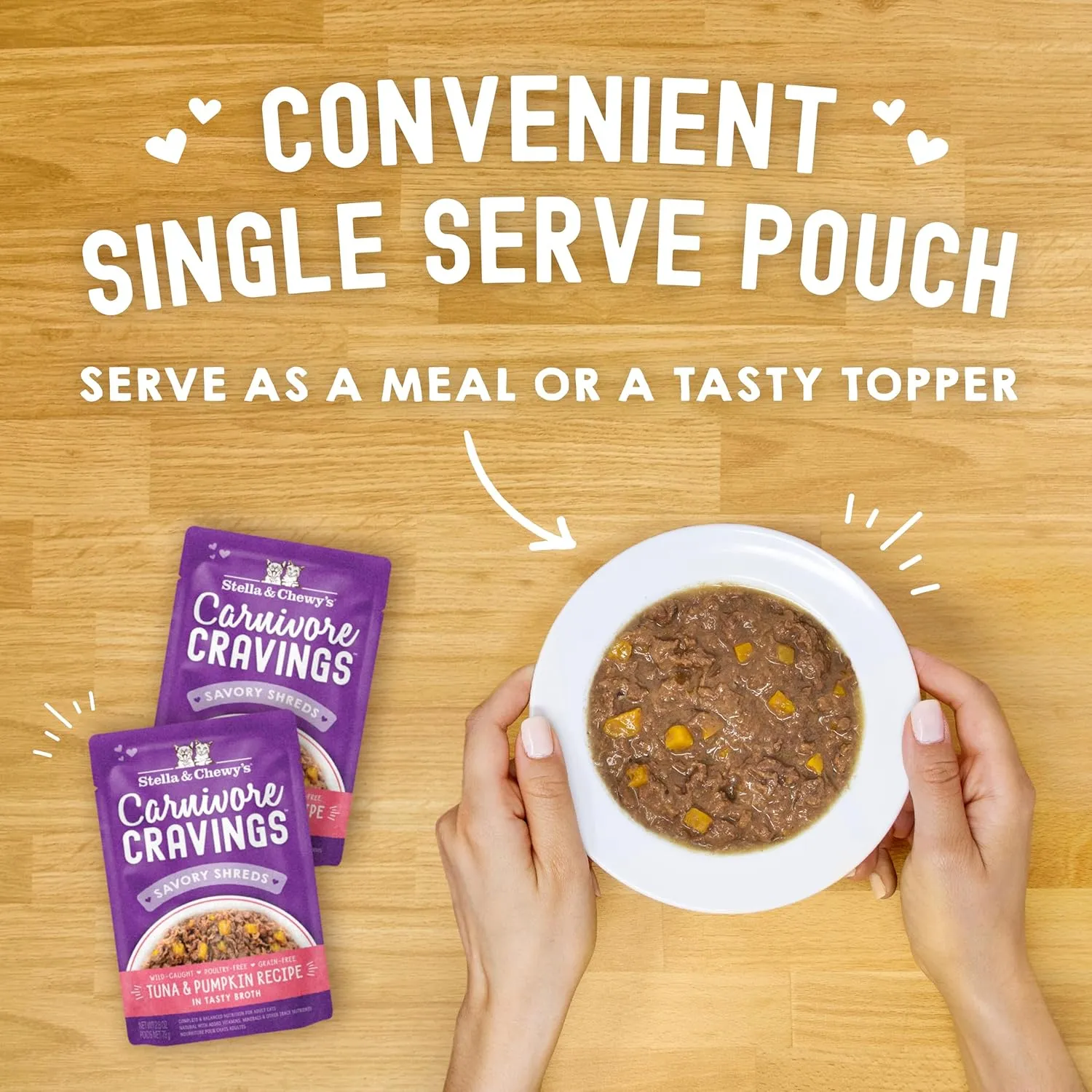 Stella & Chewy's Carnivore Cravings Savory Shreds Wet Cat Food Pouches – Grain Free, Protein Rich Meal, Topper or Treat – Tuna & Pumpkin Recipe (2.8 Ounce Pouches, Case of 12)