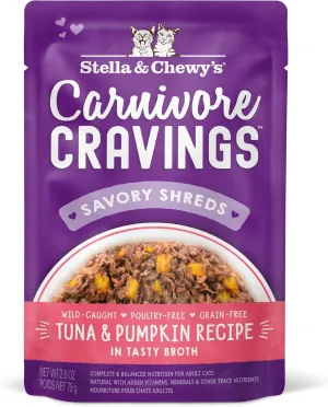 Stella & Chewy's Carnivore Cravings Savory Shreds Wet Cat Food Pouches – Grain Free, Protein Rich Meal, Topper or Treat – Tuna & Pumpkin Recipe (2.8 Ounce Pouches, Case of 12)
