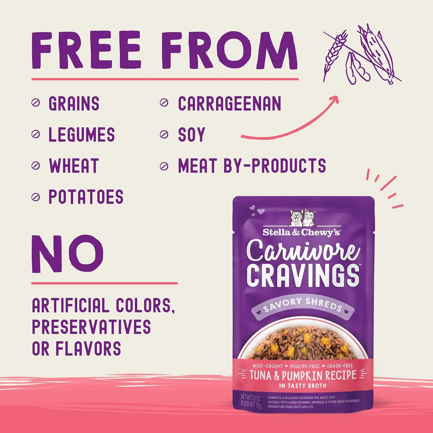 Stella & Chewy's Carnivore Cravings Savory Shreds Wet Cat Food Pouches – Grain Free, Protein Rich Meal, Topper or Treat – Tuna & Pumpkin Recipe (2.8 Ounce Pouches, Case of 12)