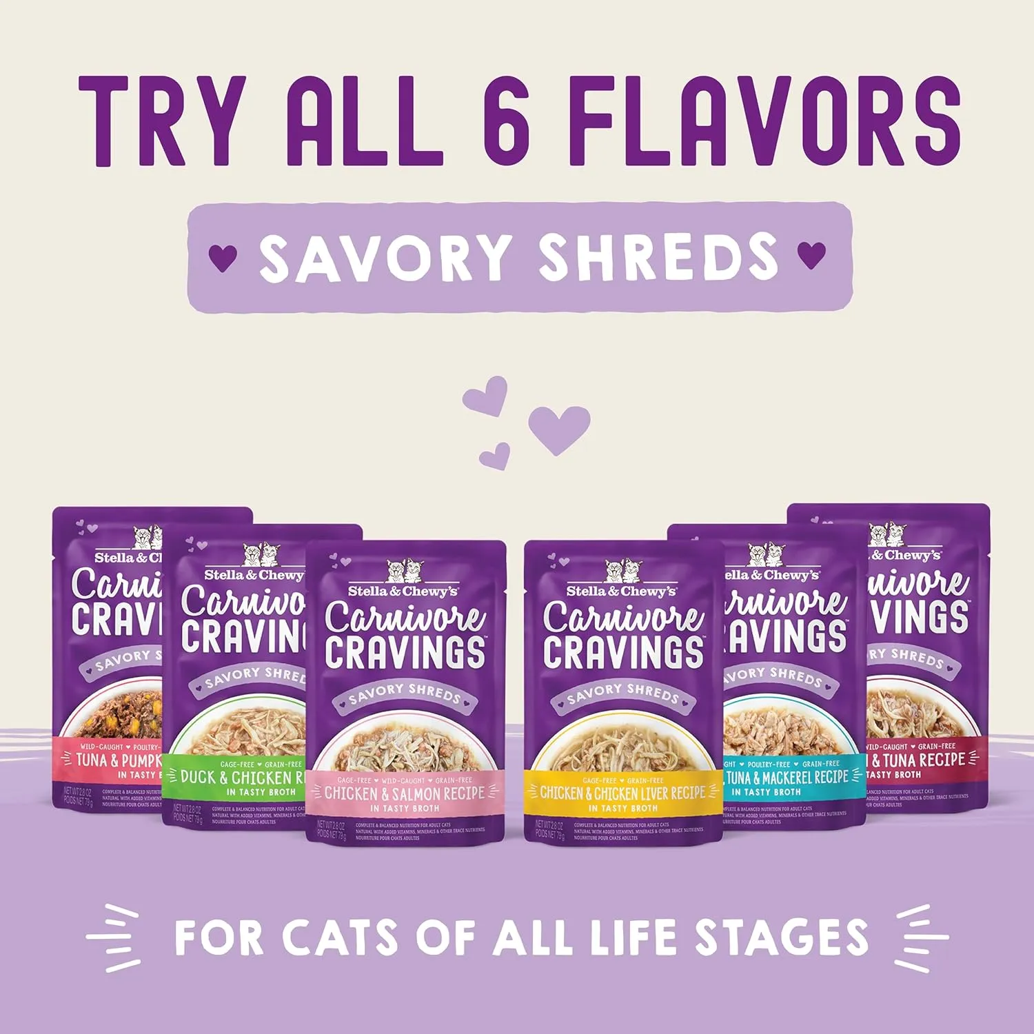 Stella & Chewy's Carnivore Cravings Savory Shreds Wet Cat Food Pouches – Grain Free, Protein Rich Meal, Topper or Treat – Tuna & Pumpkin Recipe (2.8 Ounce Pouches, Case of 12)