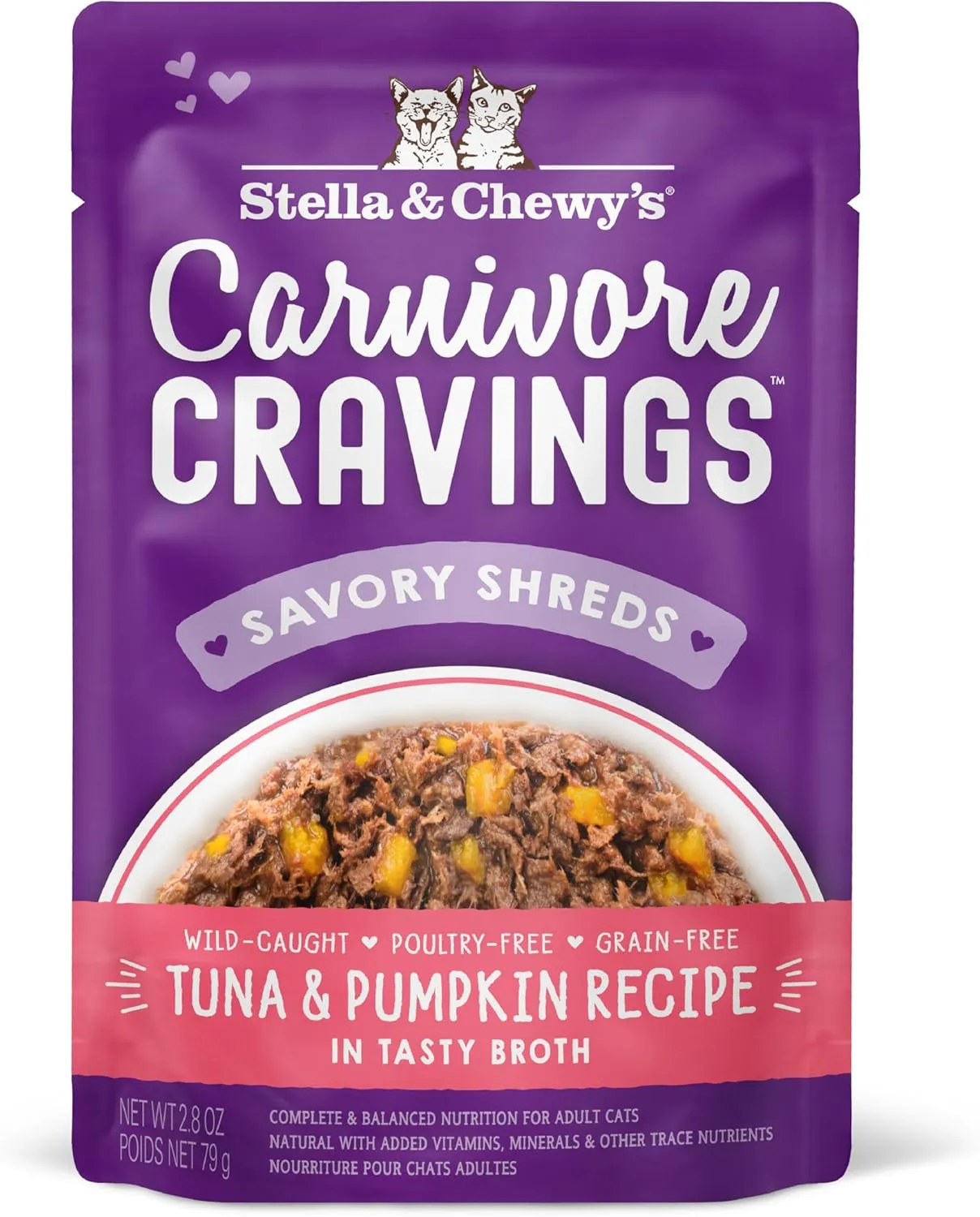 Stella & Chewy's Carnivore Cravings Savory Shreds Wet Cat Food Pouches – Grain Free, Protein Rich Meal, Topper or Treat – Tuna & Pumpkin Recipe (2.8 Ounce Pouches, Case of 12)