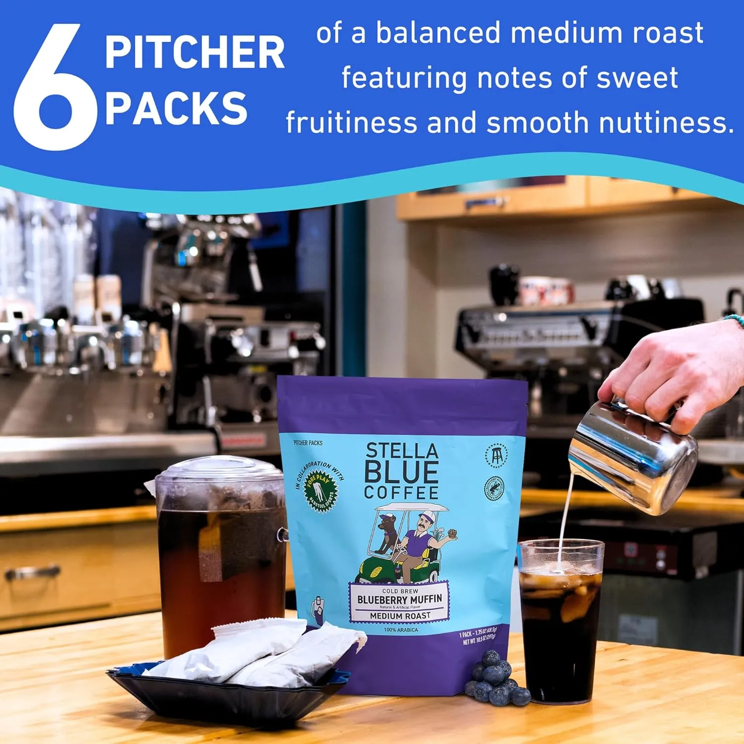 STELLA BLUE Fresh Cold Brew Coffee | Blueberry Muffin | 100% Arabica Medium Roast | Notes of Blueberry Cinnamon and Brown Sugar | Cold Brew Packets | Makes 24 Cups | 6 Easy Cold Brew Pouches