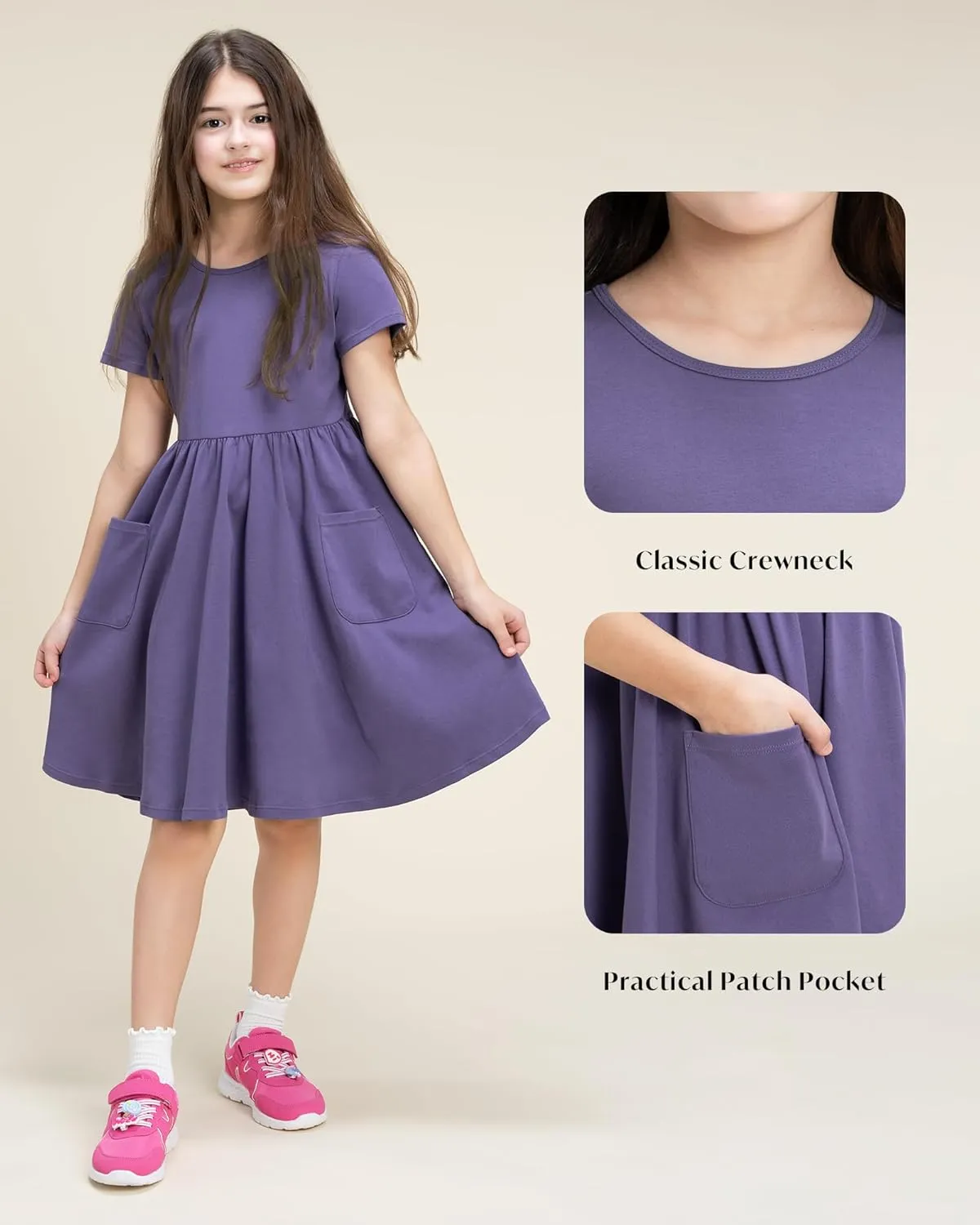 Stelle Girls Dresses Cotton Short Sleeve Dress Cute Midi Casual Sundress with 2 Pockets