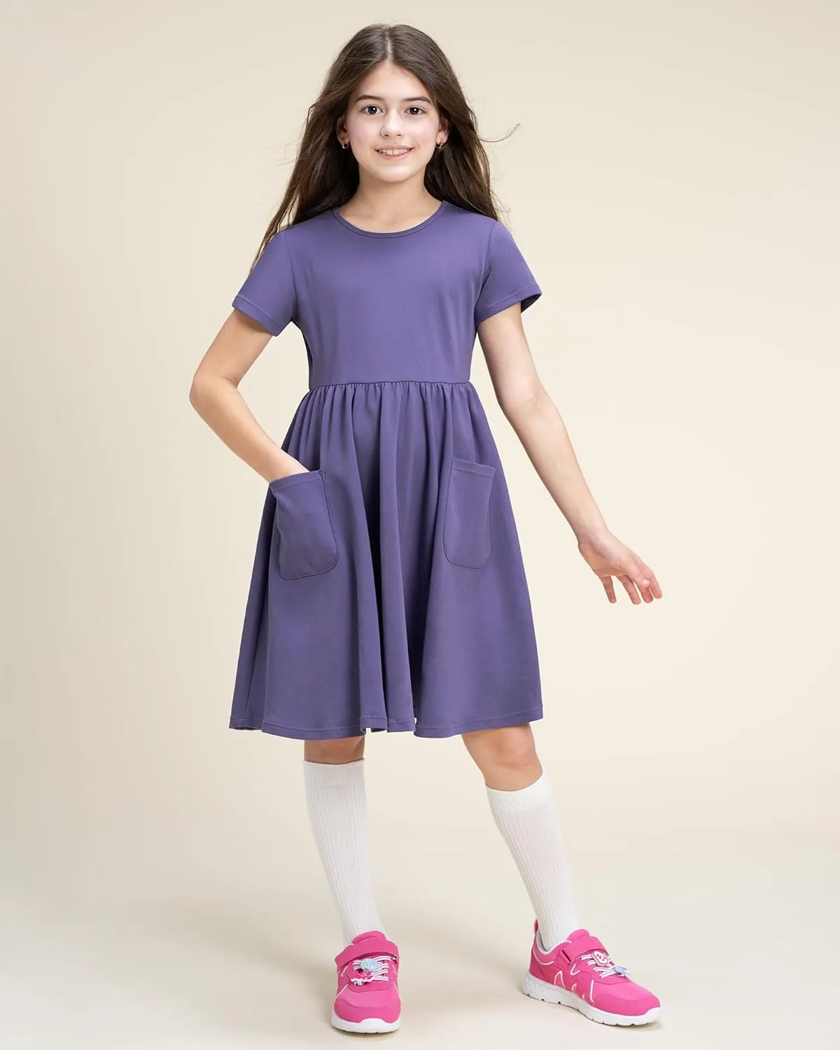 Stelle Girls Dresses Cotton Short Sleeve Dress Cute Midi Casual Sundress with 2 Pockets