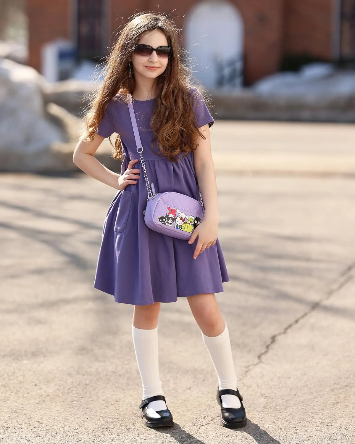 Stelle Girls Dresses Cotton Short Sleeve Dress Cute Midi Casual Sundress with 2 Pockets