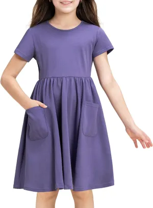 Stelle Girls Dresses Cotton Short Sleeve Dress Cute Midi Casual Sundress with 2 Pockets