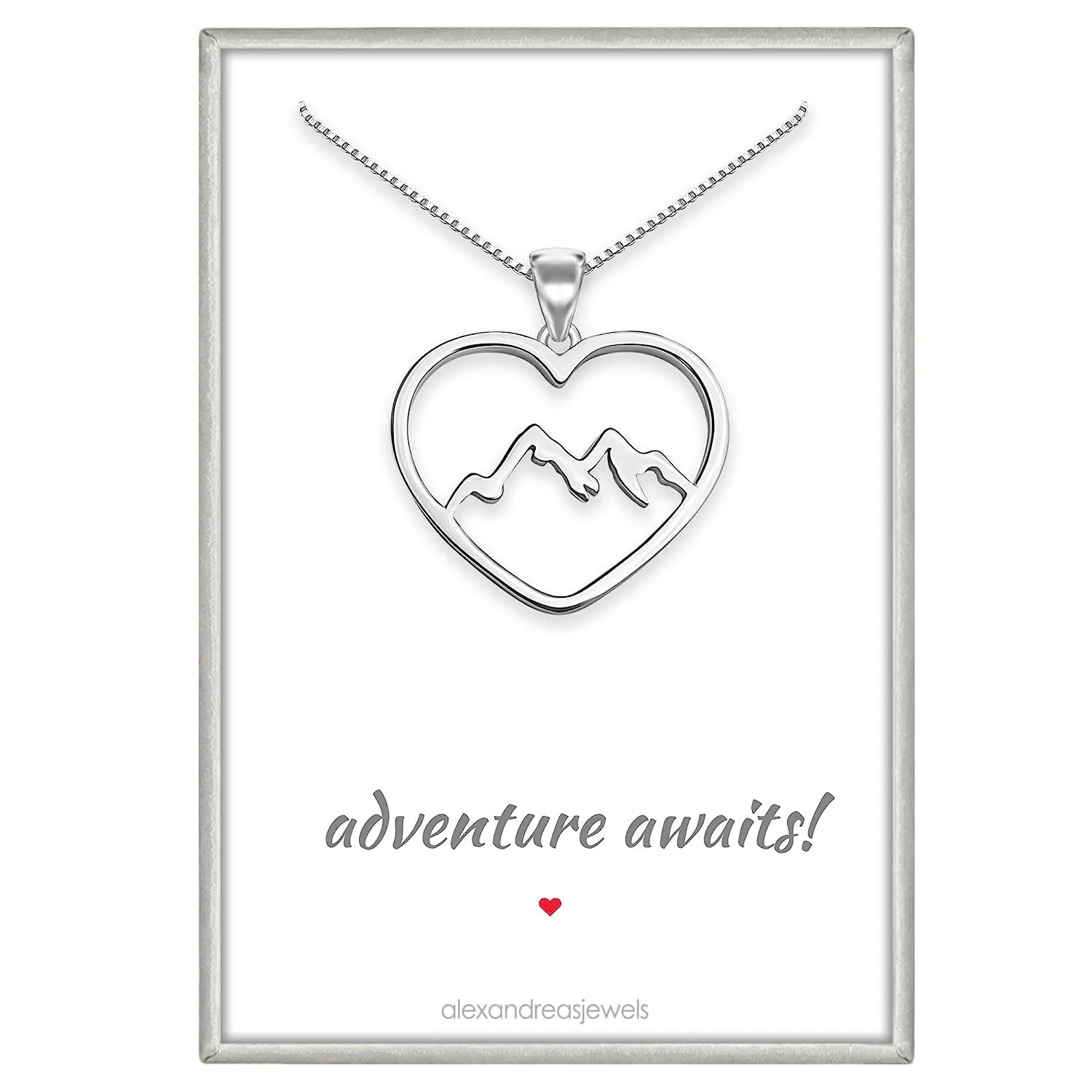 Sterling Silver Heart Mountain Range Necklace, Silver Mountain Necklace for Women, Travel Necklace, Retirement Necklace, Graduation Gift Necklace (16 inches plus 2-inch extender)