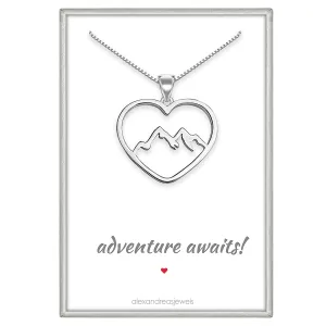 Sterling Silver Heart Mountain Range Necklace, Silver Mountain Necklace for Women, Travel Necklace, Retirement Necklace, Graduation Gift Necklace (16 inches plus 2-inch extender)