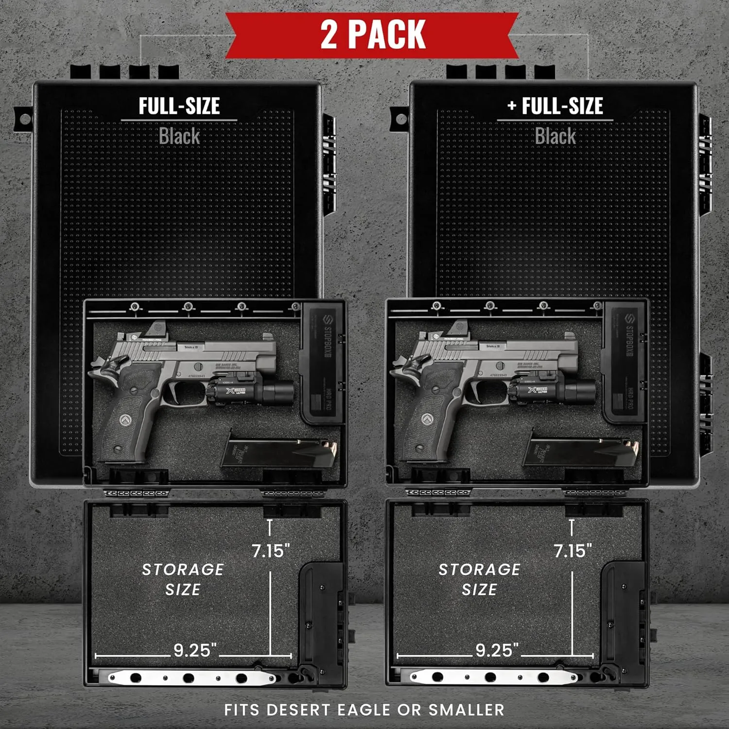 STOPBOX Gun Safe Alternative - Tactical Handgun Storage, Instant Access Portable Gun Case, TSA Compliant Gun Lock Box for Quick Handgun Access | Black - 2PK (Full-Size Only)