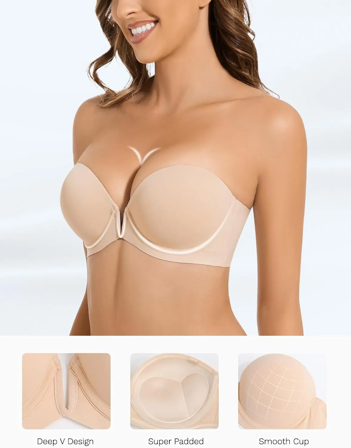 Strapless Bra Push Up Non Slip Deep V Plunge Underwire Bras for Women Super Padded Add 2 Cups