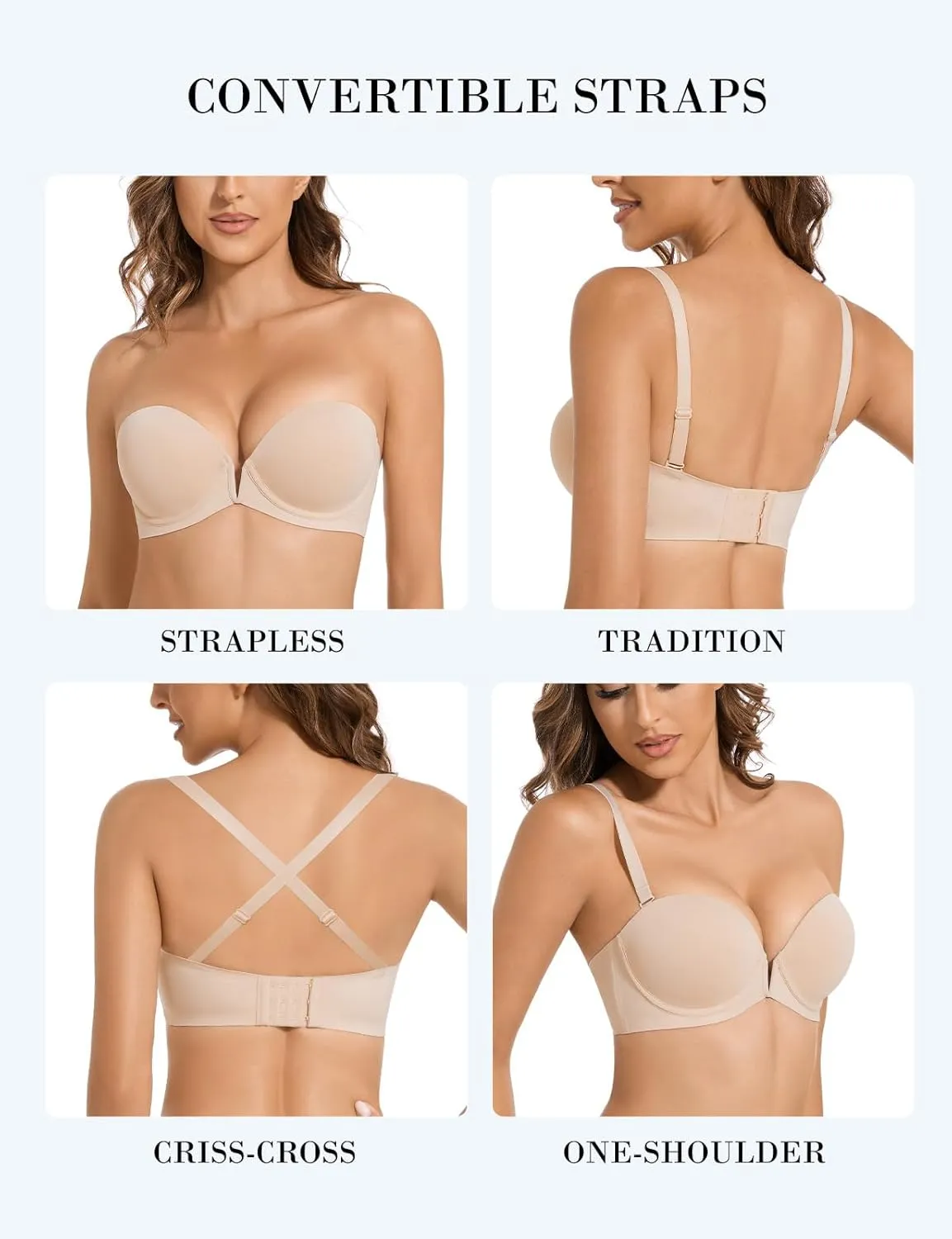 Strapless Bra Push Up Non Slip Deep V Plunge Underwire Bras for Women Super Padded Add 2 Cups