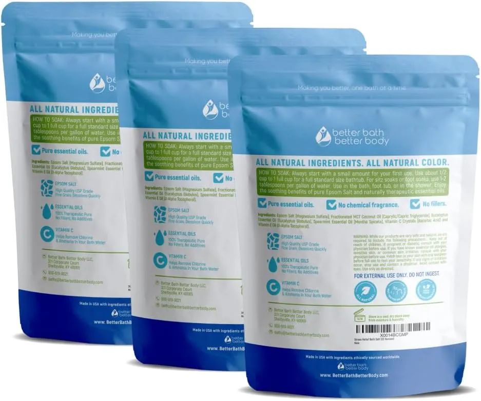 Stress Relief Bath Salt (3 Pack Plus Scoop) Epsom Salt Relaxing Bath with Eucalyptus and Spearmint Essential Oils Plus Vitamin C Crystals in BPA Free Pouch Made in USA 2 lbs Pouches 6 Lbs Total