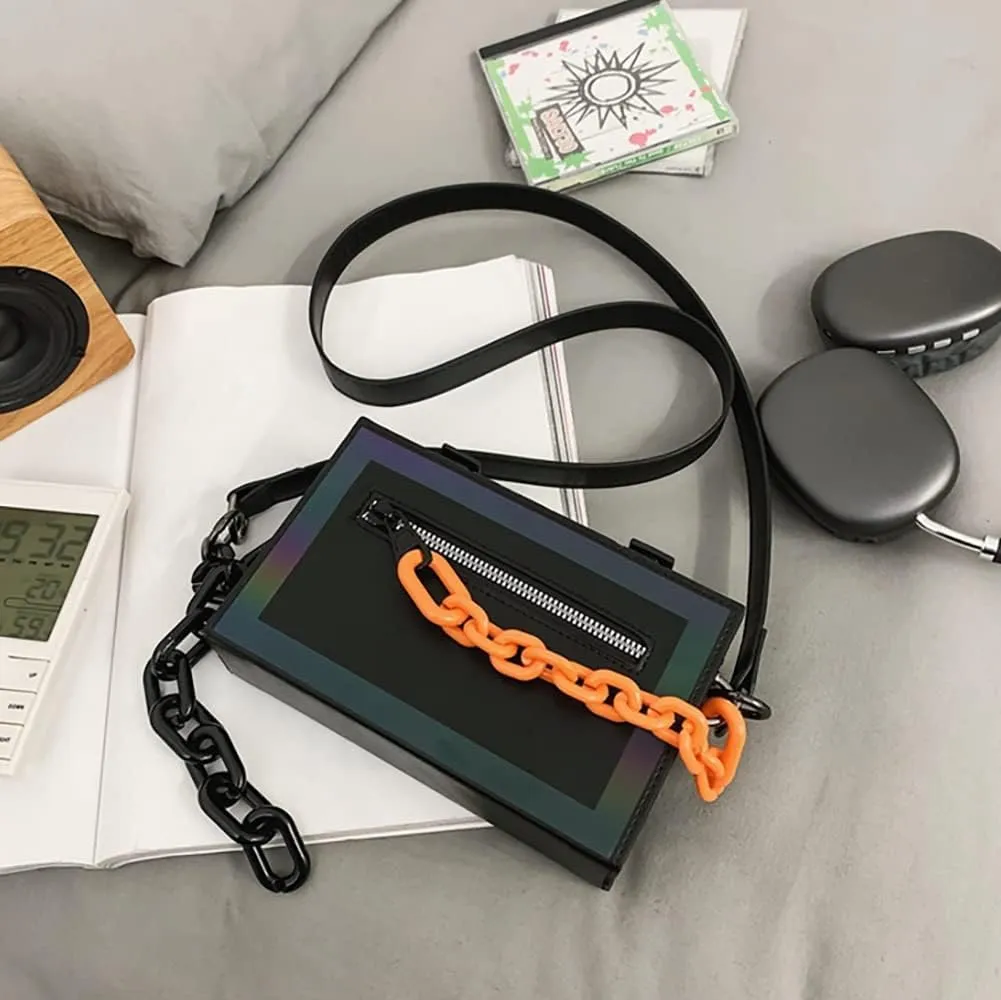 Stylish Square Crossbody Bag With Reflective Strip,Acrylic Chain Shoulder Purse,Cool Waterproof Satchel For Women/Men