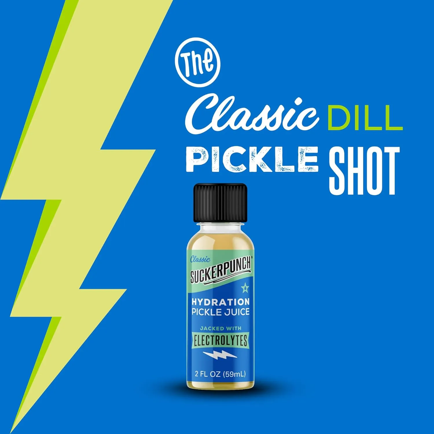 Suckerpunch Electrolyte Pickle Juice Shot, Dill Flavored, Gluten Free, Post Workout, Sports Drink, Hydration, Low Calorie, Muscle Cramp Defense, Potassium, Keto Friendly, Low Sugar, Non GMO, 2oz, 12ct