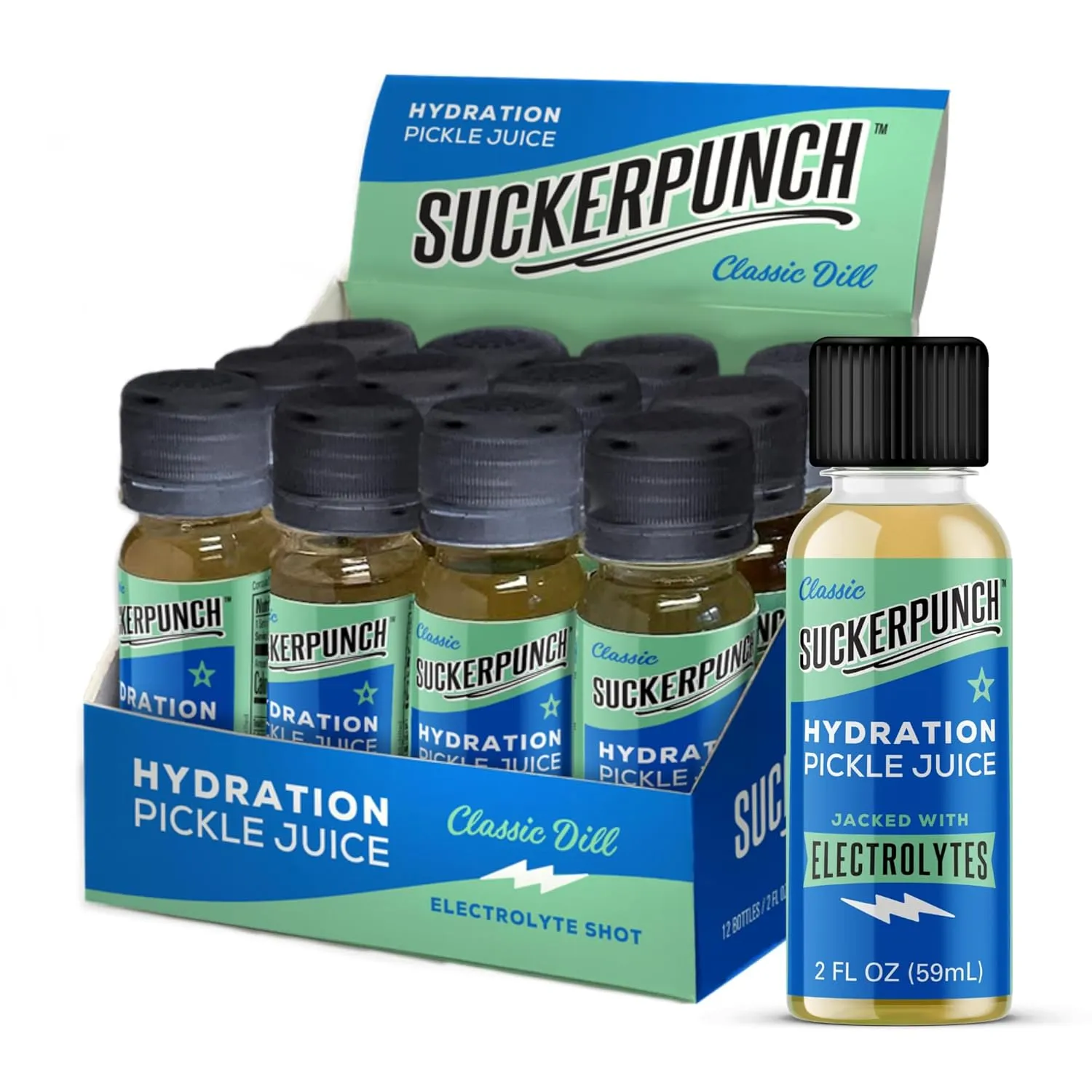 Suckerpunch Electrolyte Pickle Juice Shot, Dill Flavored, Gluten Free, Post Workout, Sports Drink, Hydration, Low Calorie, Muscle Cramp Defense, Potassium, Keto Friendly, Low Sugar, Non GMO, 2oz, 12ct
