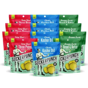 SuckerPunch Pickles in a Pouch, 3-Flavor Variety Pack, Gluten Free, Kosher, Sugar Free, Low Calorie, Keto, Vegan, Non-GMO, 3.4 Oz Single Serve, 12-Pack, 3 Each Flavor, Ready to Eat, On-the-Go