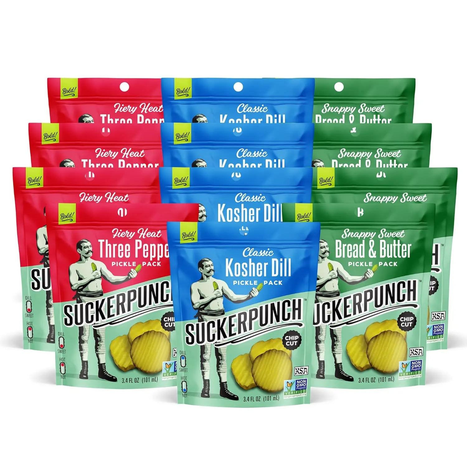 SuckerPunch Pickles in a Pouch, 3-Flavor Variety Pack, Gluten Free, Kosher, Sugar Free, Low Calorie, Keto, Vegan, Non-GMO, 3.4 Oz Single Serve, 12-Pack, 3 Each Flavor, Ready to Eat, On-the-Go