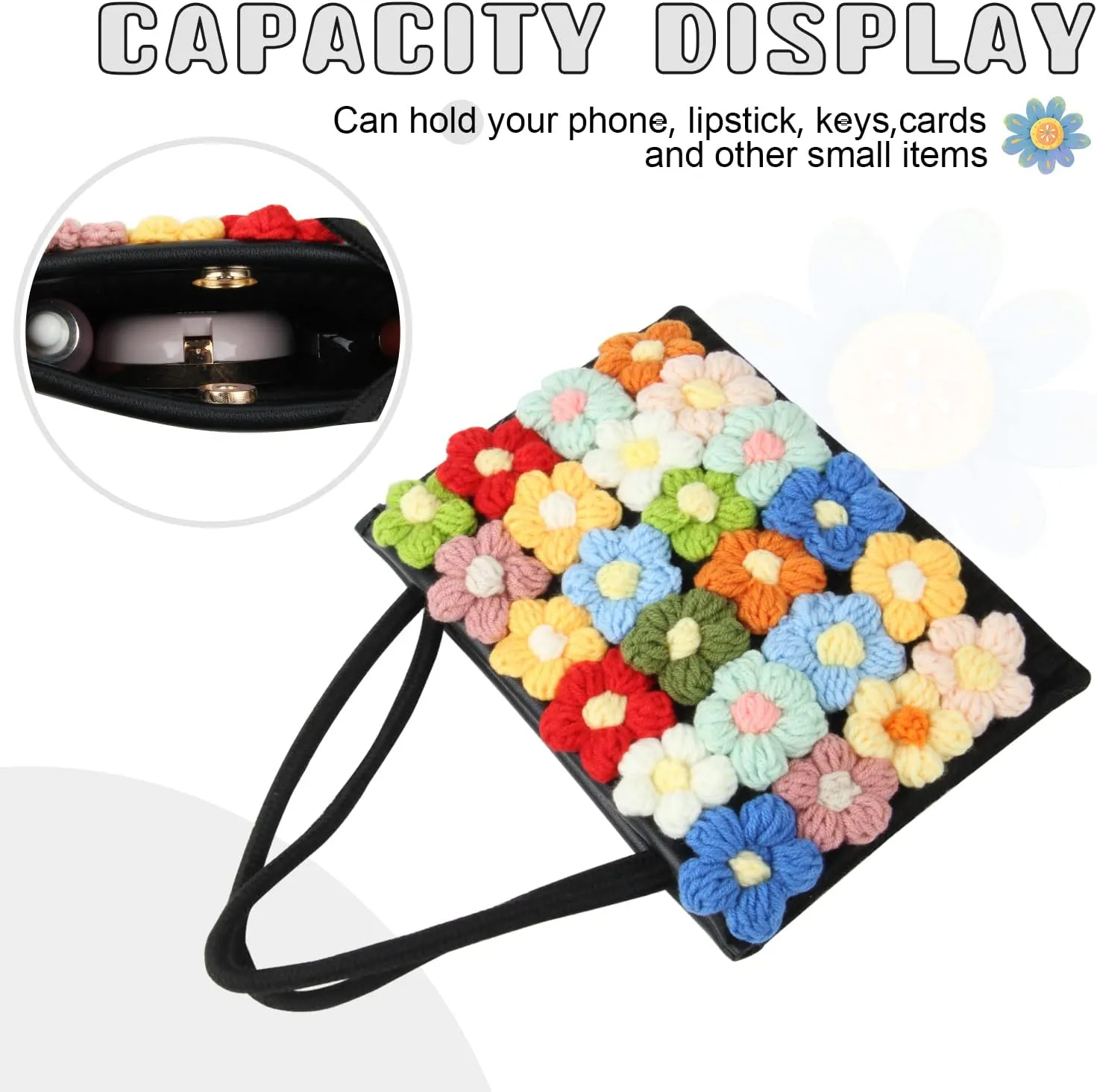 SUKUTU Women Small Flower Handwoven Crossbody Handbag Cute Multicolored Purse Bag Cotton Crochet Shoulder Bag