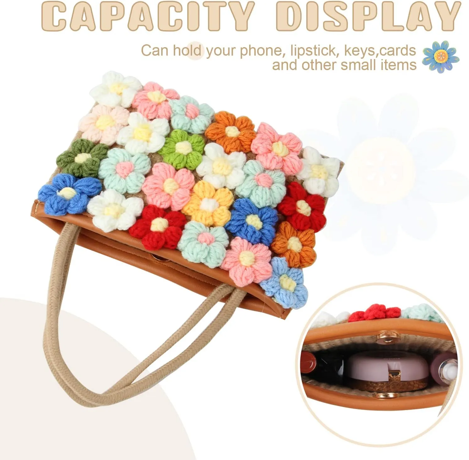 SUKUTU Women Small Flower Handwoven Crossbody Handbag Cute Multicolored Purse Bag Cotton Crochet Shoulder Bag