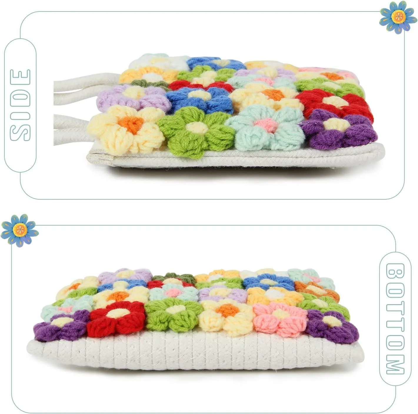 SUKUTU Women Small Flower Handwoven Crossbody Handbag Cute Multicolored Purse Bag Cotton Crochet Shoulder Bag