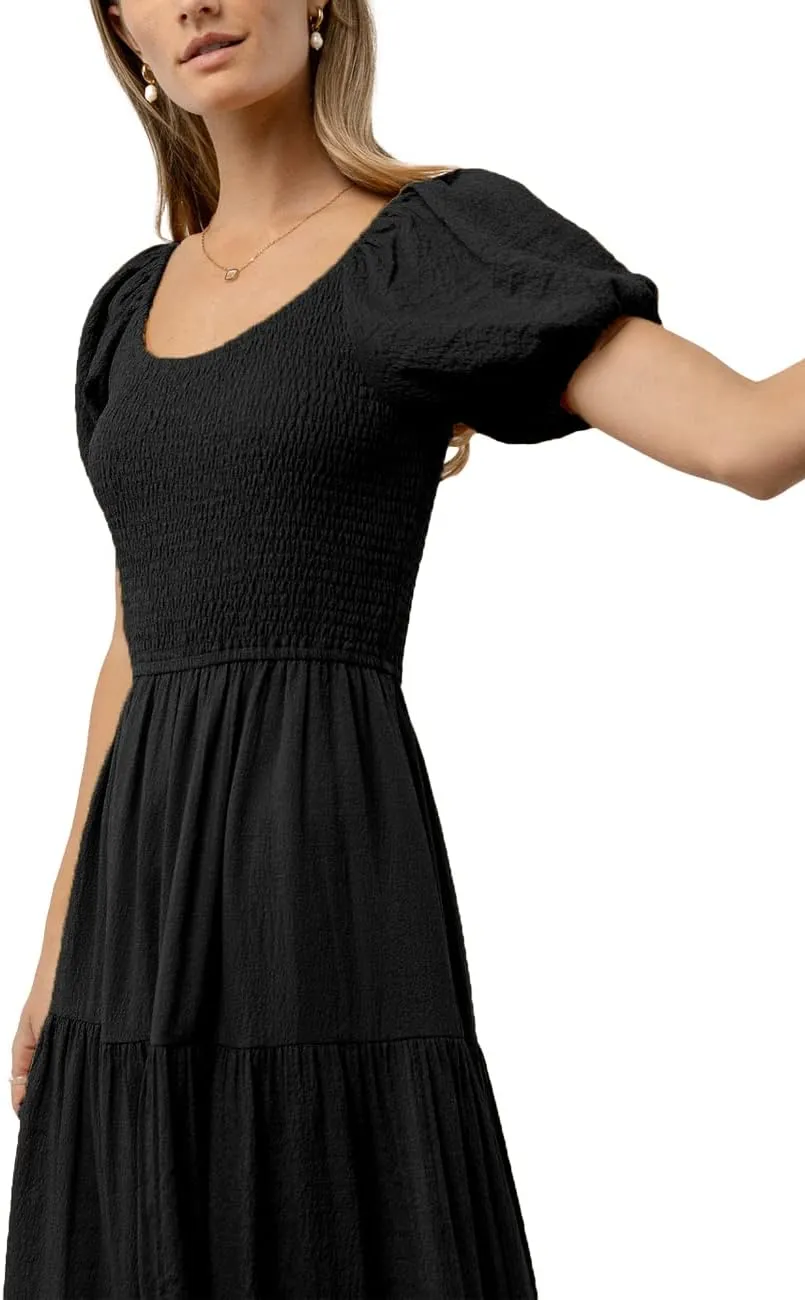 Summer Boho Smocked Midi Dresses for Women 2023 Casual Puff Short Sleeve Crew Neck A Line Tiered Graduation Dress