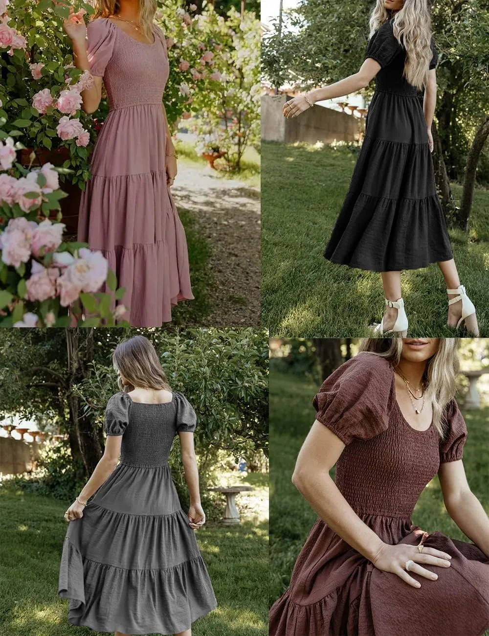 Summer Boho Smocked Midi Dresses for Women 2023 Casual Puff Short Sleeve Crew Neck A Line Tiered Graduation Dress