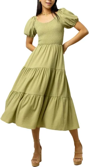 Summer Boho Smocked Midi Dresses for Women 2023 Casual Puff Short Sleeve Crew Neck A Line Tiered Graduation Dress