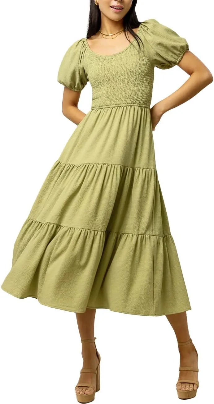 Summer Boho Smocked Midi Dresses for Women 2023 Casual Puff Short Sleeve Crew Neck A Line Tiered Graduation Dress