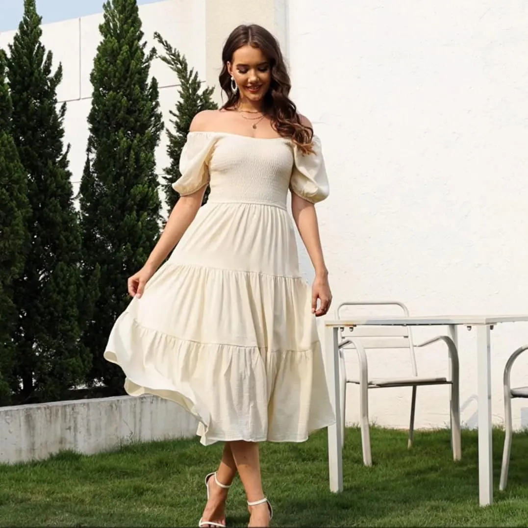 Summer Boho Smocked Midi Dresses for Women 2023 Casual Puff Short Sleeve Crew Neck A Line Tiered Graduation Dress