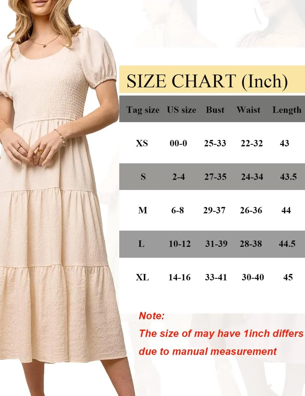 Summer Boho Smocked Midi Dresses for Women 2023 Casual Puff Short Sleeve Crew Neck A Line Tiered Graduation Dress