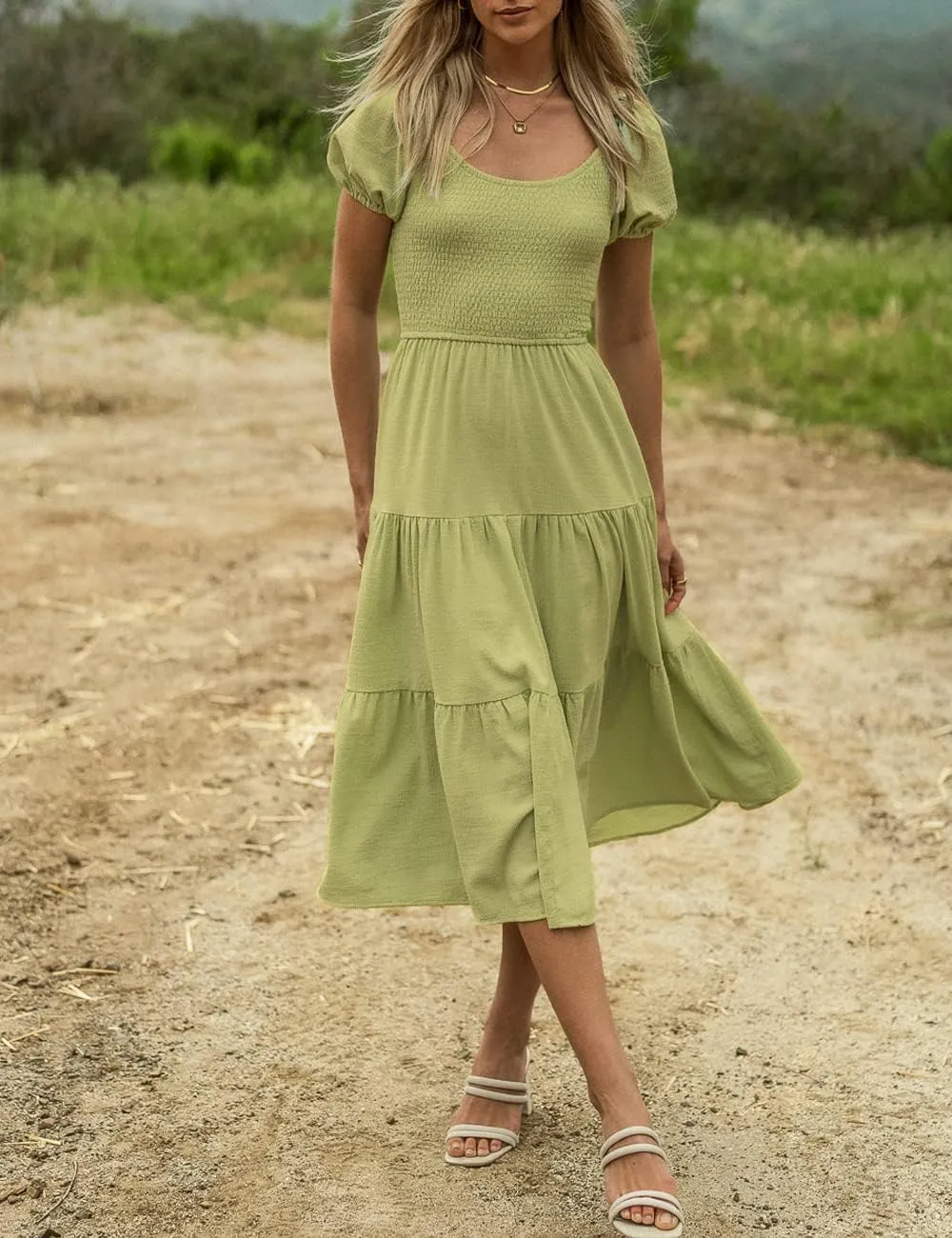 Summer Boho Smocked Midi Dresses for Women 2023 Casual Puff Short Sleeve Crew Neck A Line Tiered Graduation Dress