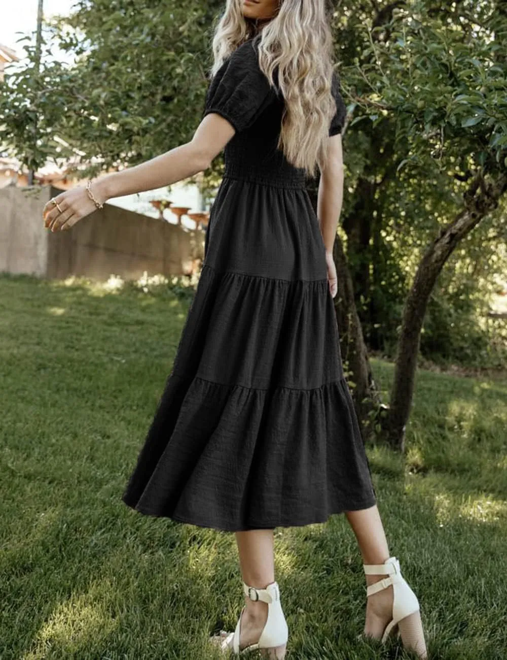 Summer Boho Smocked Midi Dresses for Women 2023 Casual Puff Short Sleeve Crew Neck A Line Tiered Graduation Dress