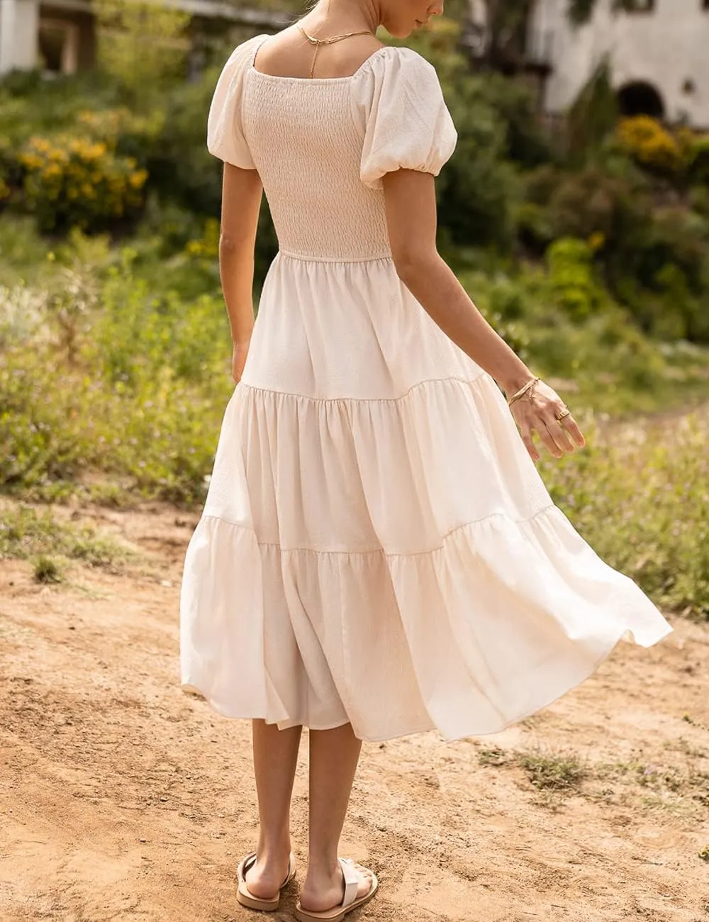 Summer Boho Smocked Midi Dresses for Women 2023 Casual Puff Short Sleeve Crew Neck A Line Tiered Graduation Dress