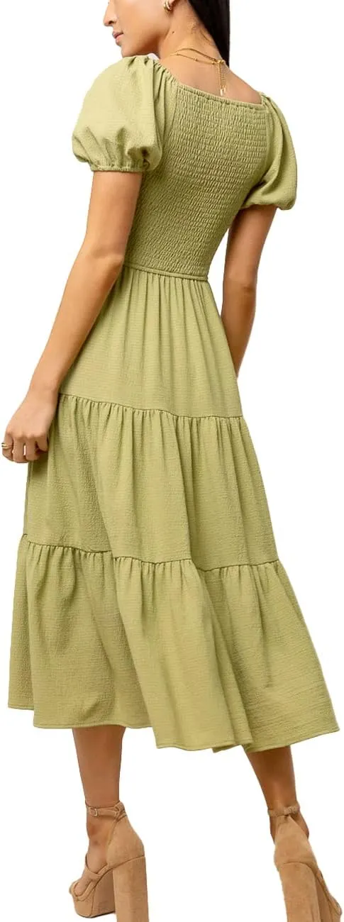 Summer Boho Smocked Midi Dresses for Women 2023 Casual Puff Short Sleeve Crew Neck A Line Tiered Graduation Dress