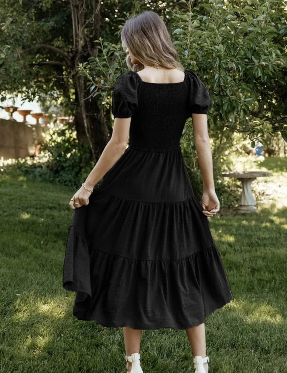 Summer Boho Smocked Midi Dresses for Women 2023 Casual Puff Short Sleeve Crew Neck A Line Tiered Graduation Dress