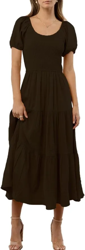Summer Boho Smocked Midi Dresses for Women 2023 Casual Puff Short Sleeve Crew Neck A Line Tiered Graduation Dress
