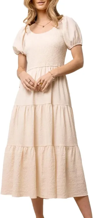 Summer Boho Smocked Midi Dresses for Women 2023 Casual Puff Short Sleeve Crew Neck A Line Tiered Graduation Dress