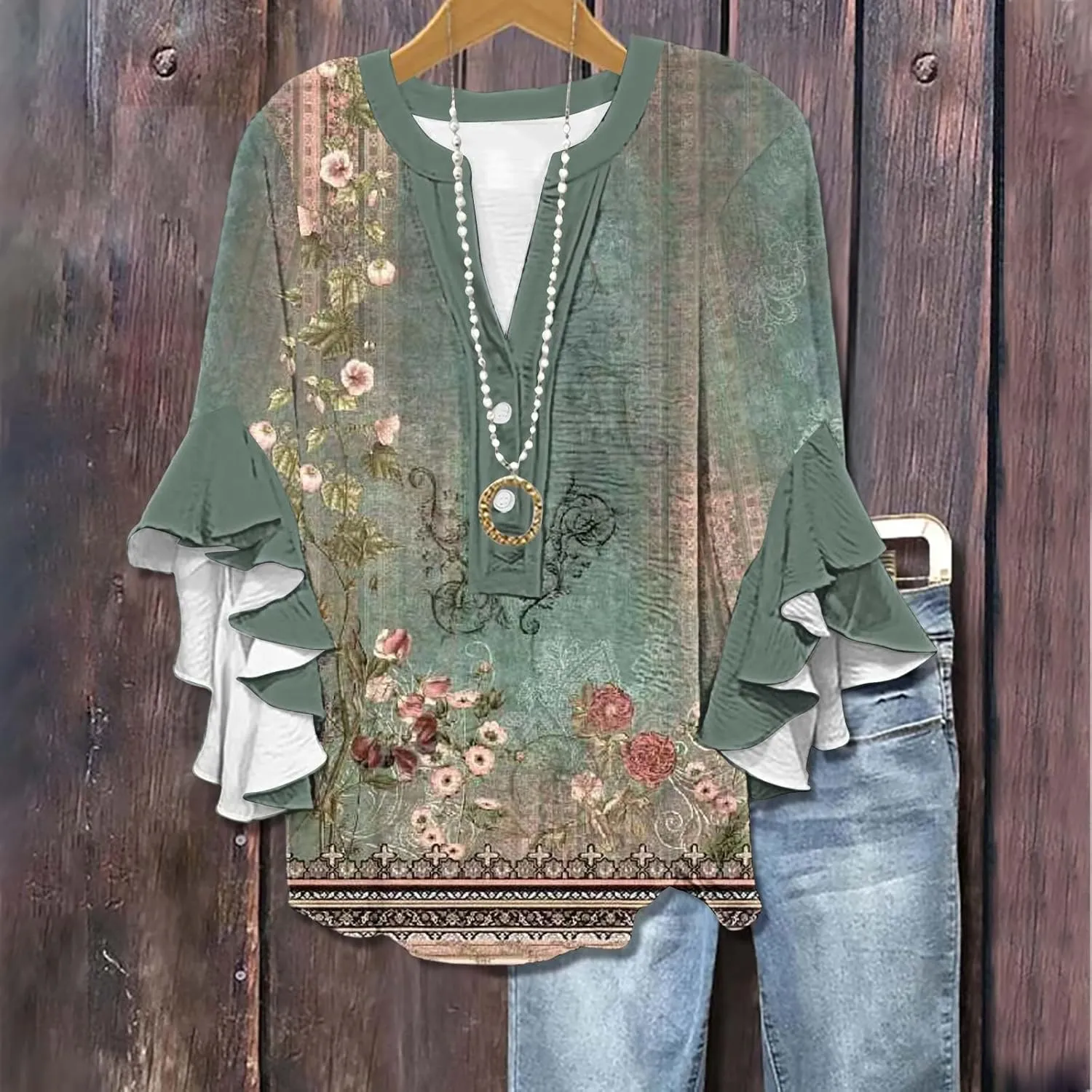 Summer Tops for Women 2025 Floral Print Flowy 3/4 Length Sleeve Womens Tops Ruffle Sleeve Half Button Down V Neck Shirt